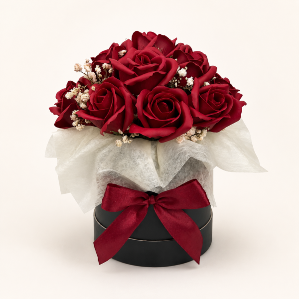 Flowerbox z kwiatów mydlanych bordowy + topper do wyboru