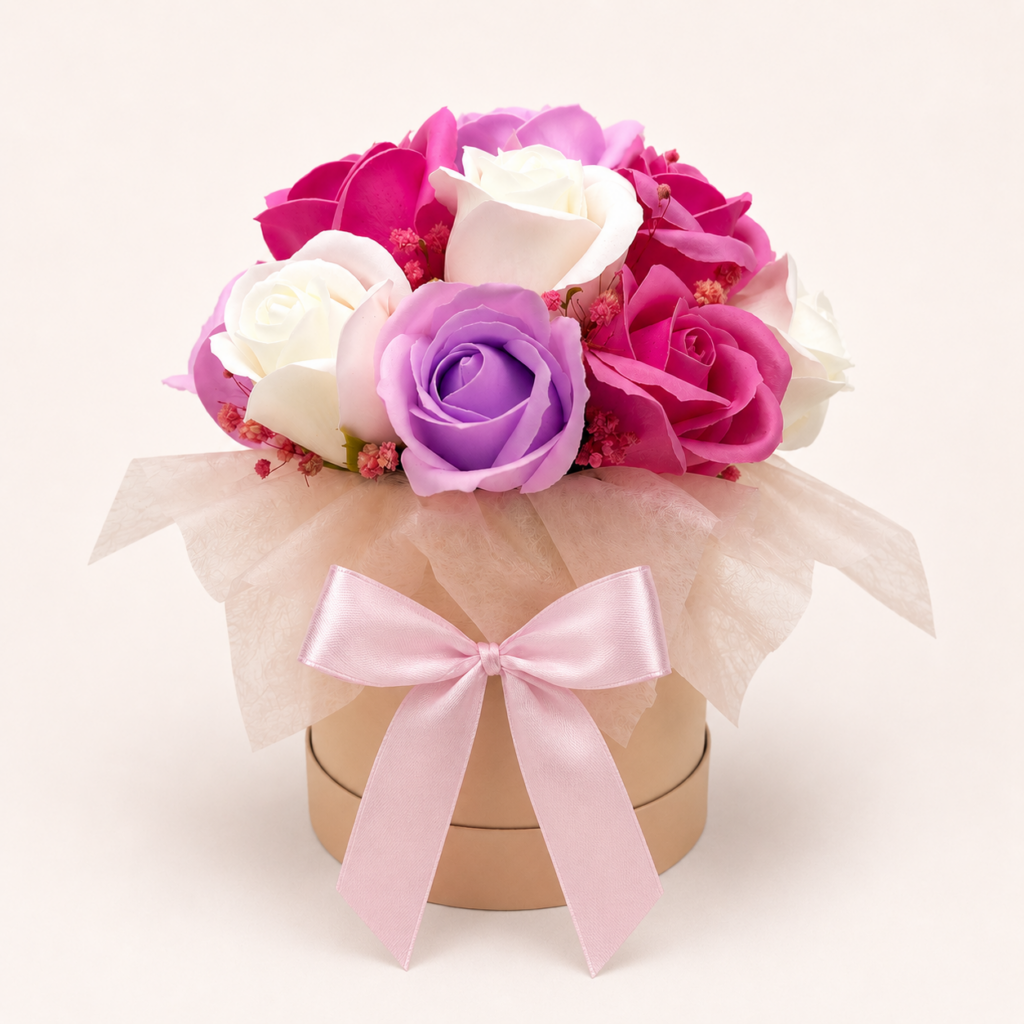 Pastelowy flowerbox z różowych, białych i fioletowych róż mydlanych w pudełku z różową kokardą