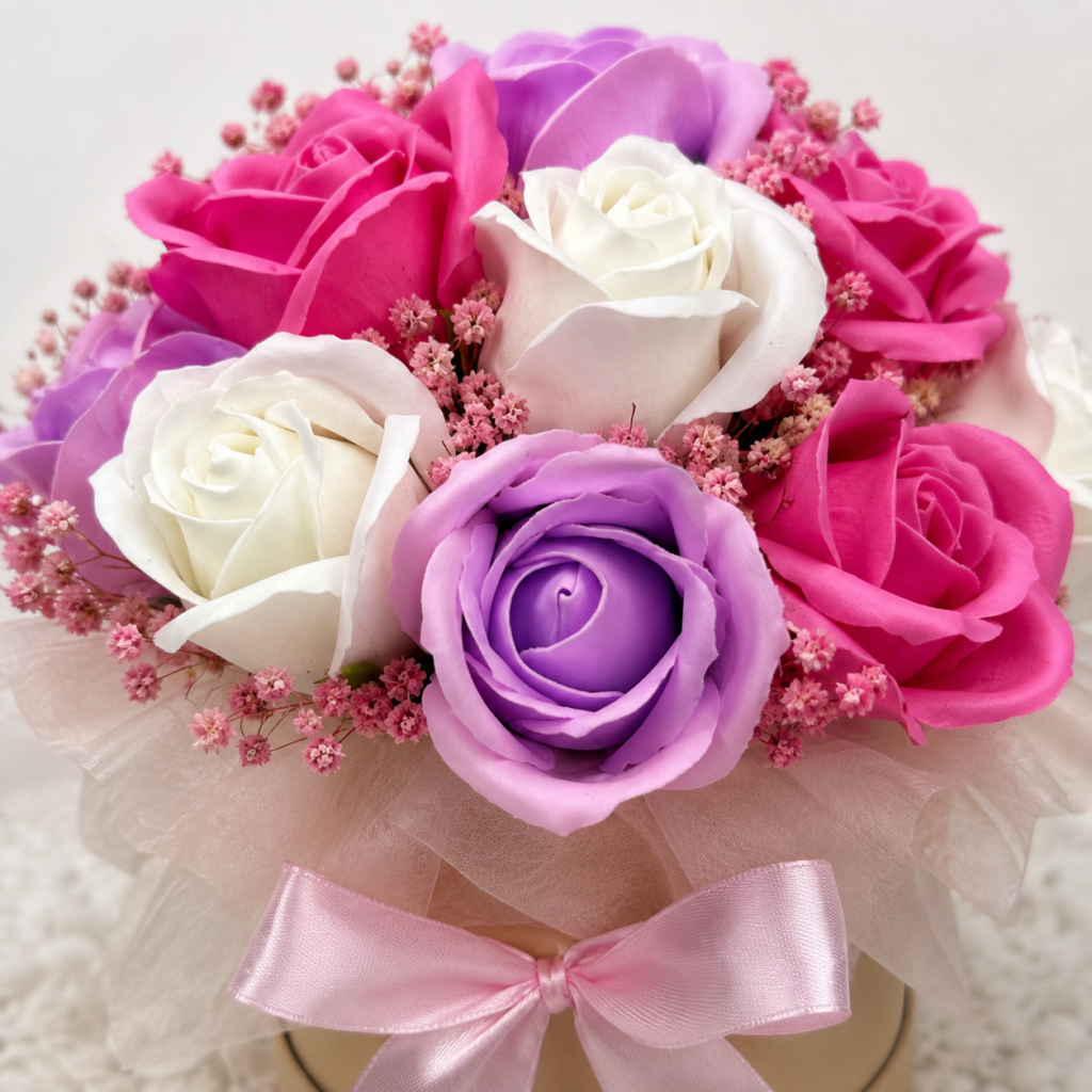 Flowerbox z kwiatów mydlanych pastelowy