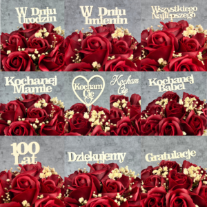 Toppery z napisami do flowerboxa: W dniu urodzin, W dniu imienin, Wszystkiego najlepszego, Kochanej Mamie, Kocham Cię, Kochanej Babci, 100 lat, Dziękujemy, Gratulacje