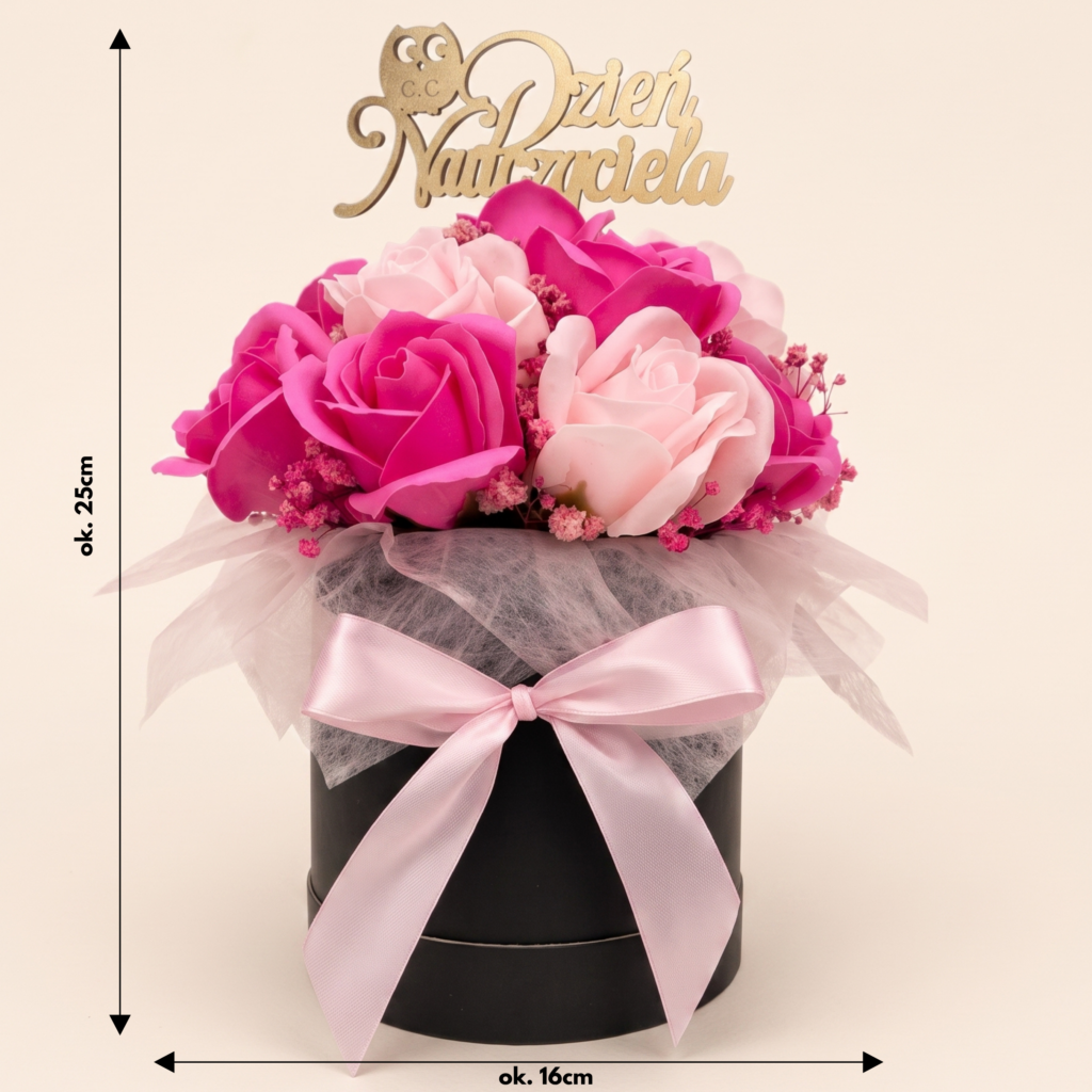 Różowy Flowerbox z Róż Mydlanych na Dzień Nauczyciela